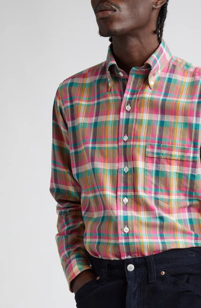 Shop Drake's Madras Plaid Button-down Shirt In Pink/ Green