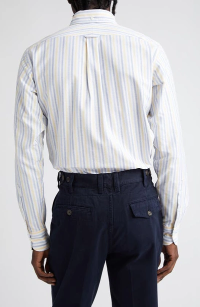 Shop Drake's Thin Dual Stripe Cotton Oxford Button-down Shirt In Blue/ Yellow/ Lt Blue