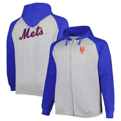 Shop Profile Heather Gray/royal New York Mets Big & Tall Raglan Hoodie Full-zip Sweatshirt