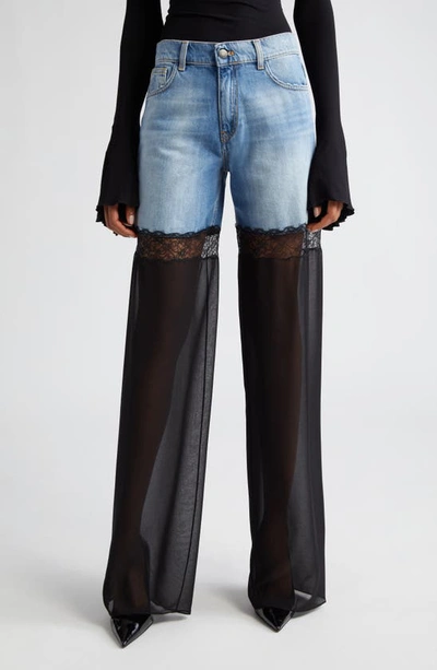 Shop Nensi Dojaka Sheer Tulle Inset High Waist Nonstretch Wide Leg Jeans In Blue/ Black