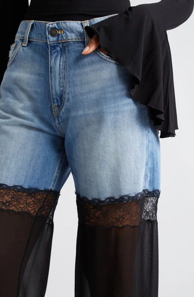 Shop Nensi Dojaka Sheer Tulle Inset High Waist Nonstretch Wide Leg Jeans In Blue/ Black