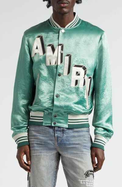 Shop Amiri Crop Satin Varsity Bomber Jacket In Mint