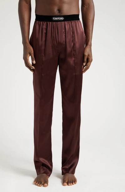 Tom Ford Logo-waistband Satin-finish Trousers In Mahagany