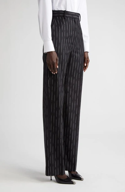 Shop Alexander Mcqueen High Waist Wide Leg Wool Pants In Black/ Ivory