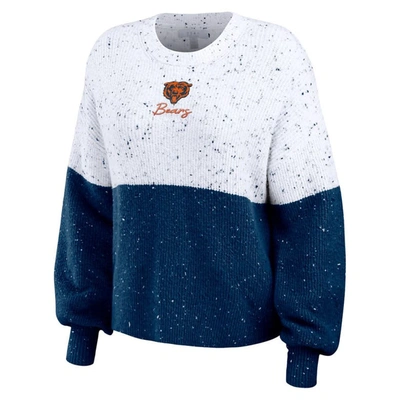 Shop Wear By Erin Andrews White/navy Chicago Bears Lighweight Modest Crop Color-block Pullover Sweater