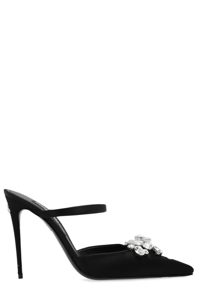 Shop Dolce & Gabbana Embellished Pointed Toe Satin Mules In Black