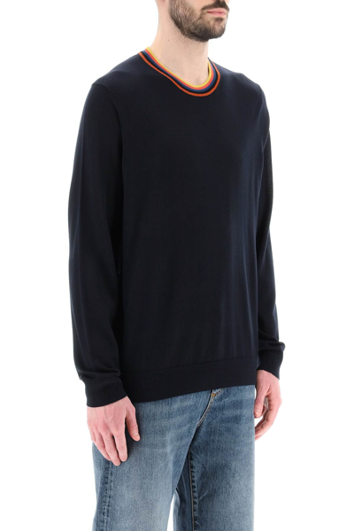 Shop Paul Smith Merino Wool Sweater With Tricolour Detail Men In Blue