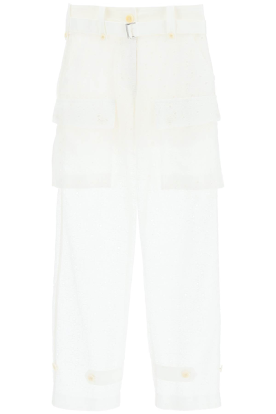 Shop Sacai Monogram Lace Cargo Pants Women In White