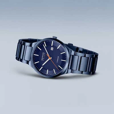 Pre-owned Bering Time - Titanium - Mens Brushed Blue Watch - 15239-797