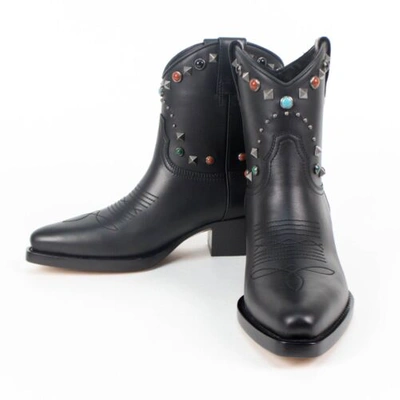 Pre-owned Valentino Garavani Valentino Leather Rockstud Multiple Stone Heels Boots Shoes 7 Us 37 Eu $1795 In Black