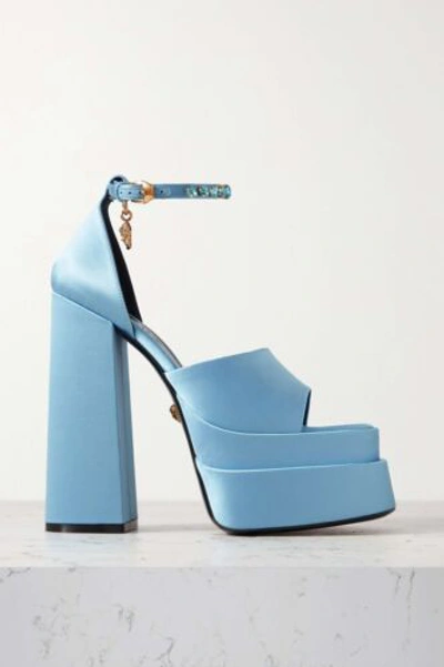 Pre-owned Versace Aevitas Platform Sandals Satin Crystal Charm Ice Blue Nwb $1,475