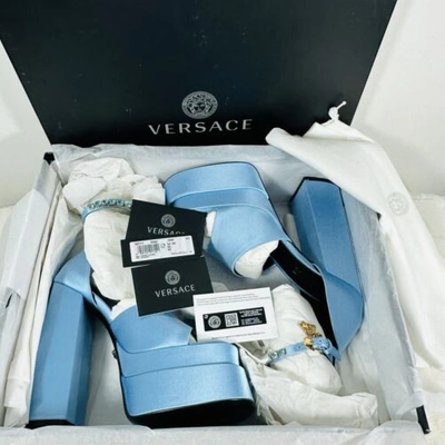 Pre-owned Versace Aevitas Platform Sandals Satin Crystal Charm Ice Blue Nwb $1,475