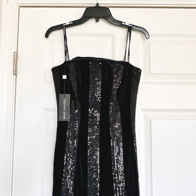 Pre-owned Tadashi Shoji Sequin Velvet Strapless Black Gown Party Long Dress Maxi
