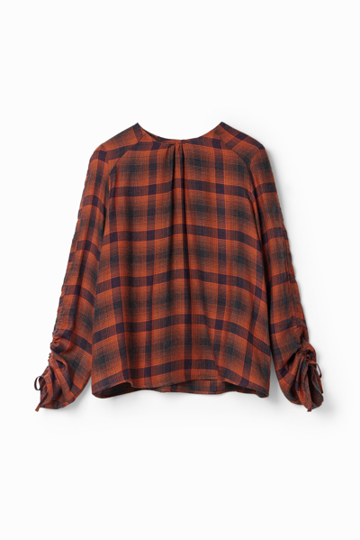 Shop Desigual Adjustable Sleeve Plaid Blouse In Red