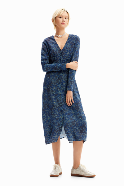 Shop Desigual Floral Midi Shirt Dress In Blue
