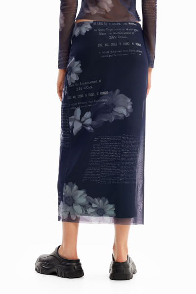 Shop Desigual Tulle Newspaper Midi Skirt In Blue