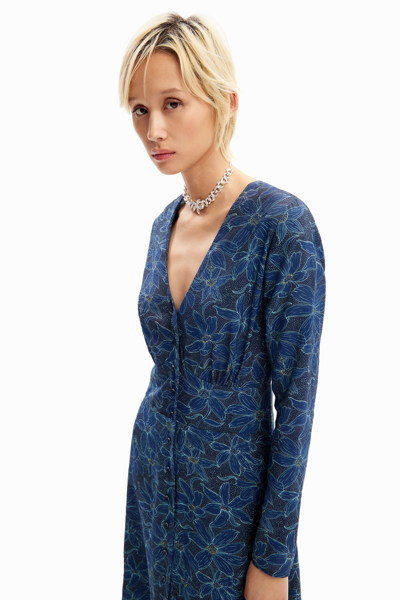 Shop Desigual Floral Midi Shirt Dress In Blue