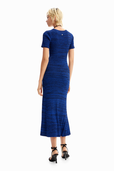 Desigual Long Mottled Ribbed Dress In Blue