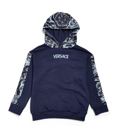 Shop Young Versace Cotton Spliced Print Hoodie (4-14 Years) In Navy