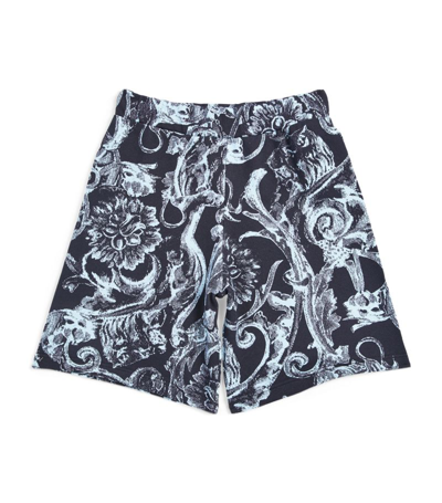 Shop Young Versace Versace Kids Cotton Barocco Stencil Shorts (4-14 Years) In Navy