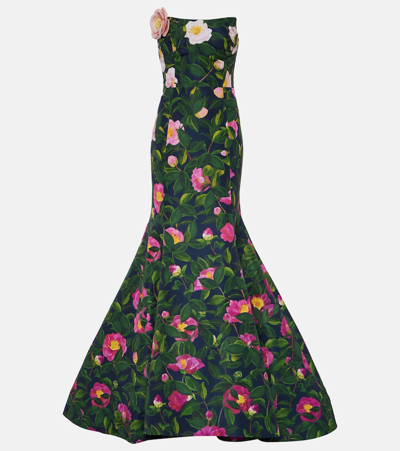 Shop Oscar De La Renta Strapless Floral Faille Gown In Multicoloured