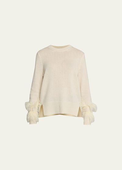 Shop Kobi Halperin Billie Cashmere Feather-trim Crewneck Sweater In Ivory