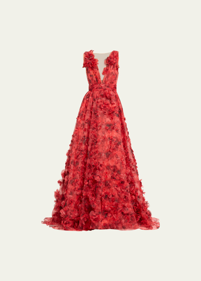 Shop Marchesa Floral Print Organza Ballgown With Textured Details In Red