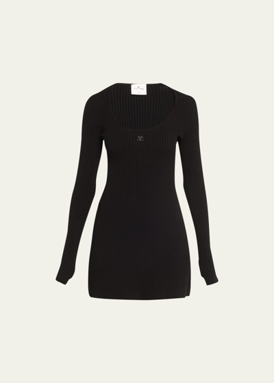 Shop Courrèges Ribbed Mini Dress With Thumbholes In Black