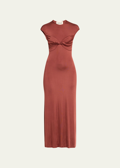 Shop Tove Mali Cap-sleeve Twist-front Satin Maxi Dress In Cinnamon