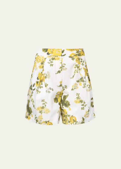Shop Erdem Floral-print Pleated Poplin Tailored Shorts In Soft Blossom Yell
