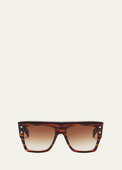 Shop Balmain Bi Flat-top Acetate & Titanium Square Sunglasses In Brn Gld