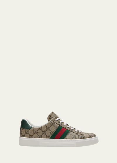Shop Gucci Ace Monogram Canvas Low-top Sneakers In 9746 Beige Ebony
