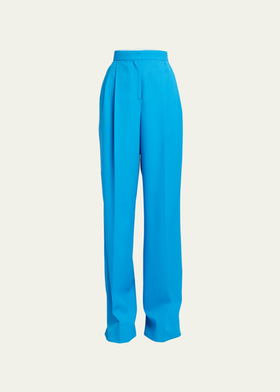 Shop Alexander Mcqueen Pleated Wide-leg Wool Trousers In Bluette