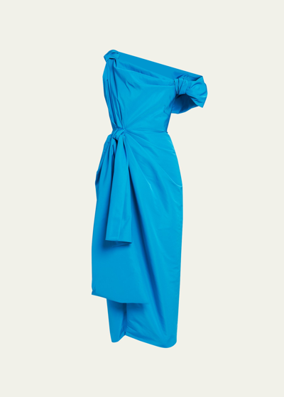 Shop Alexander Mcqueen Off-shoulder Midi Dress With Ruched Bow Detail In Midnite Blu