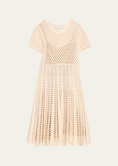 Shop Michael Kors Cashmere Crochet-knit Short-sleeve Mini Dress In Optic Whit