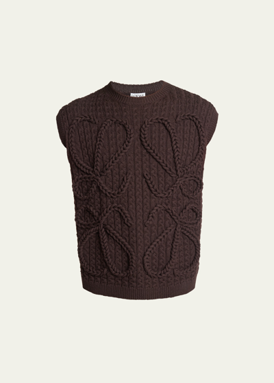 Shop Loewe Men's Anagram Cable Sweater Vest In Chocolate