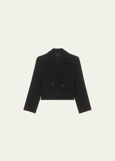Shop Theory Double-breasted Admiral Crepe Crop Trench Coat In Black