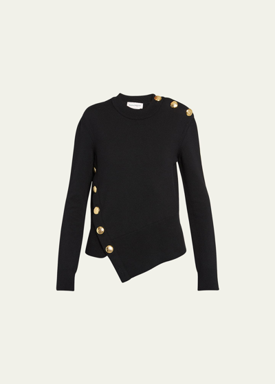 Shop Alexander Mcqueen Asymmetric Wool Sweater With Gold Buttons In Black