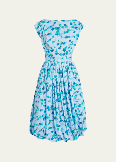 Shop Marni Floral Print Midi Dress With Balloon Skirt In Lightblue