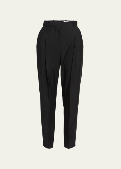 Shop Alexander Mcqueen Pleated Crop Wool Trousers In Black