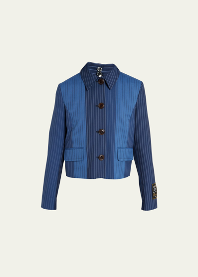 Shop Marni Cropped Contrast Pinstripe Shirt Jacket In Darkblue
