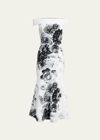 Shop Alexander Mcqueen Off-shoulder Floral Jacquard Midi Dress In White Lila