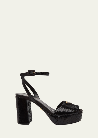 Shop Prada Sequin Ankle-strap Platform Sandals In Nero