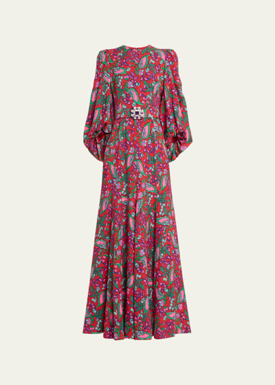 Shop Andrew Gn Floral Print Puff-sleeve Belted Silk Gown In Red