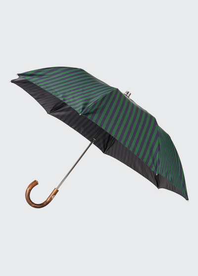 Shop Bergdorf Goodman Men's Even-stripe Folding Umbrella W/ Chestnut Handle In 3 Green Navy
