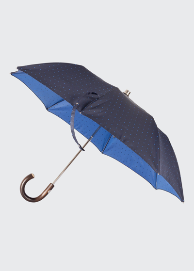Shop Bergdorf Goodman Men's Pindot Folding Umbrella W/ Chestnut Handle In 133 Navy Blue