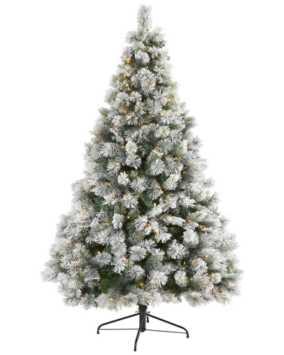 Shop Nearly Natural 7ft Flocked Oregon Pine Artificial Christmas Tree In Green