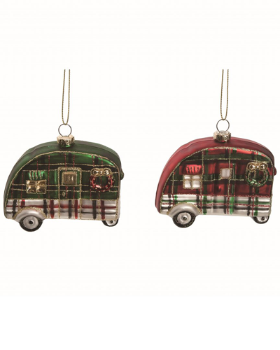 Shop Transpac Set Of 2 Glass Green Christmas Plaid Camper Ornaments