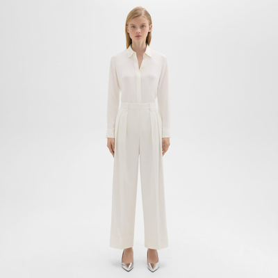 Shop Theory Cropped Double Pleat Pant In Sleek Flannel In Ivory