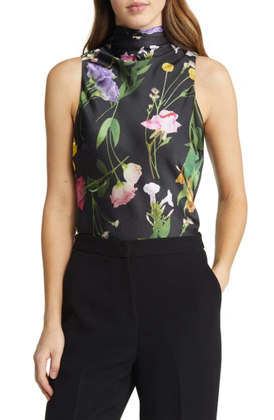 Shop Ted Baker Demitri Floral Sleeveless Cowl Neck Mesh Top In Black